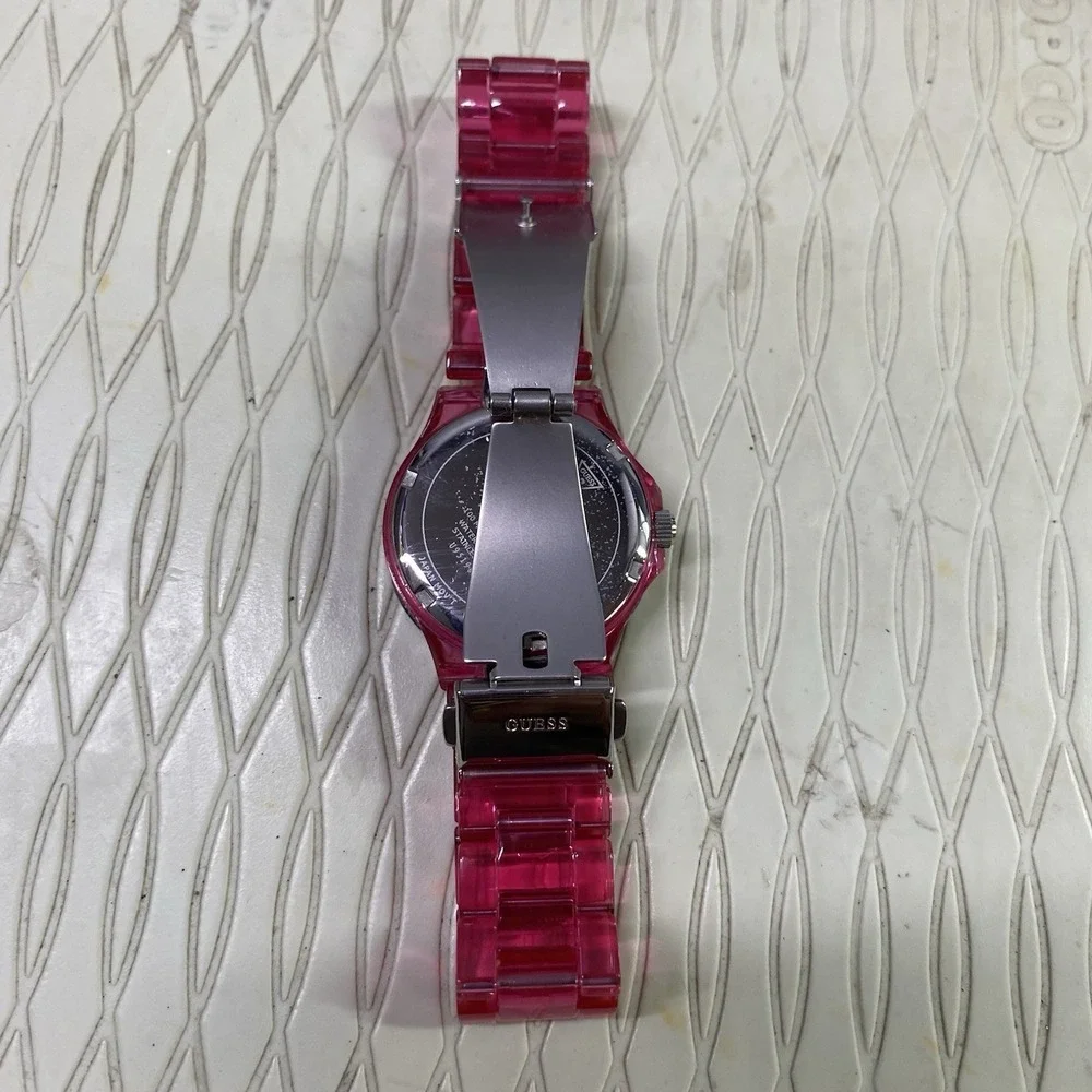 GUESS Women's U95198L3 Pink Plastic Strap Quartz Watch with Pink Dial Bezels EUC